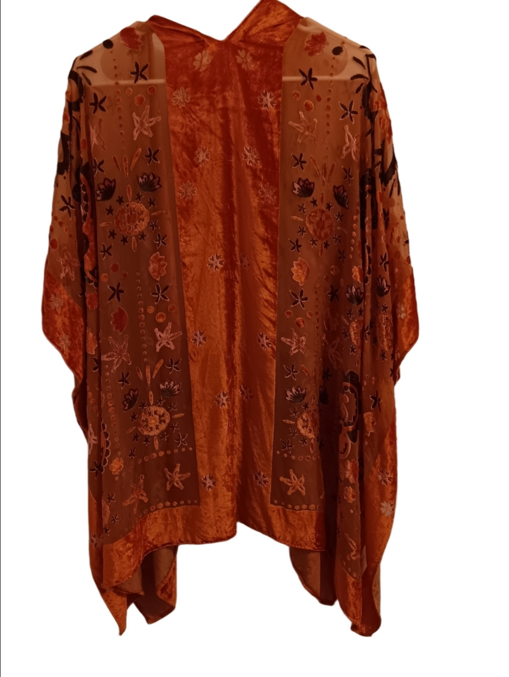 Urban Outfitter Rust Orange Velvet Burnout Floral Kimono Jacket Semi Sheer Boho - Picture 7 of 8